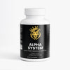 Alpha System dietary supplement bottle with a black label, gold lion logo, and white cap, containing 60 tablets.