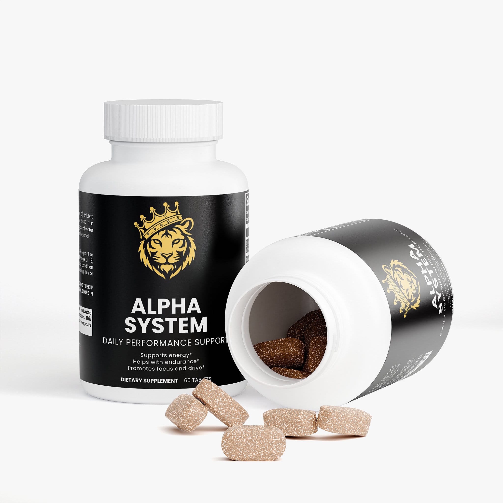 Alpha System dietary supplement bottle with a lion logo, containing brown chewable gummies, some spilled on a white surface.