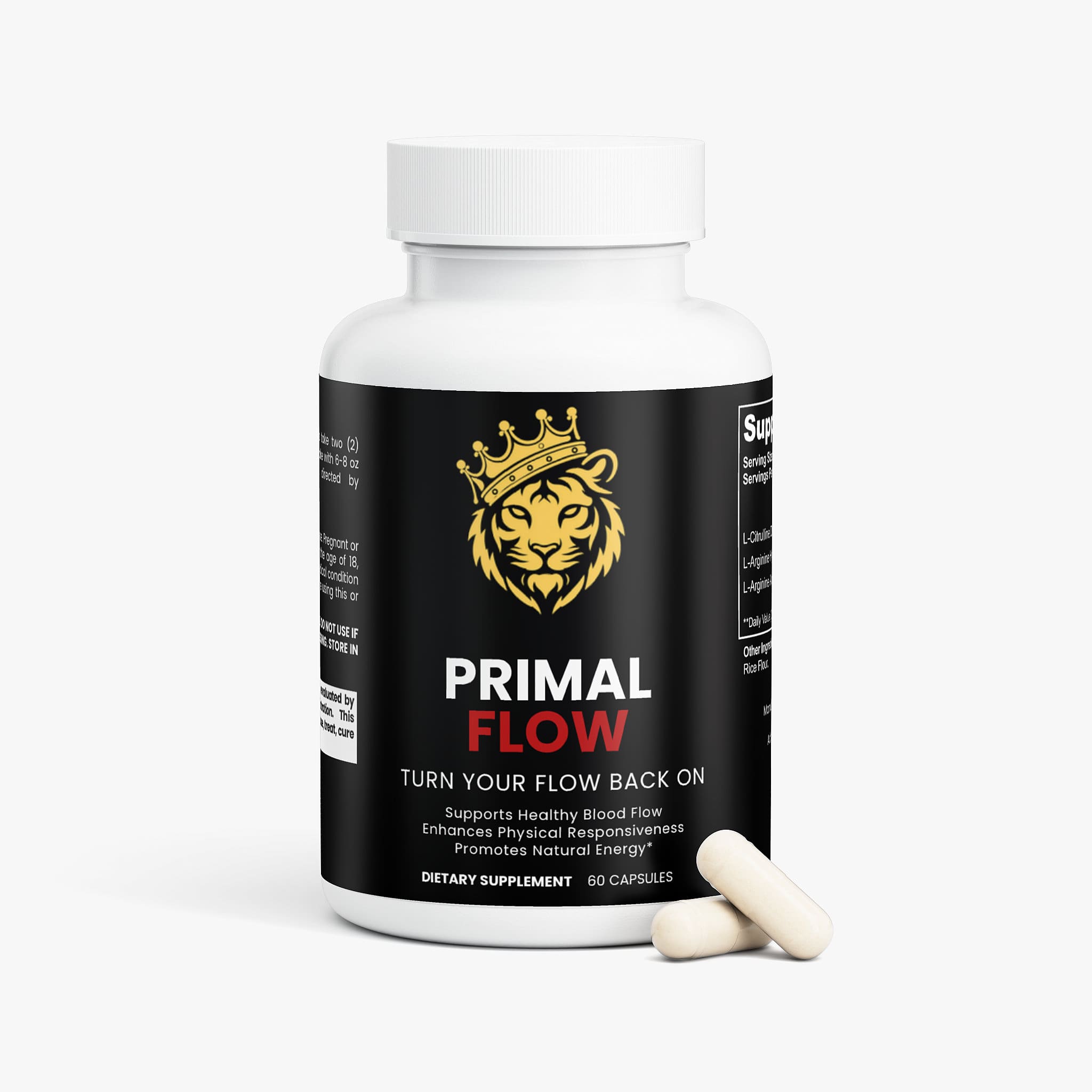 Primal Flow dietary supplement bottle with a black label, featuring a lion logo and white capsules.