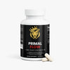Primal Flow dietary supplement bottle with a black label, featuring a lion logo and white capsules.