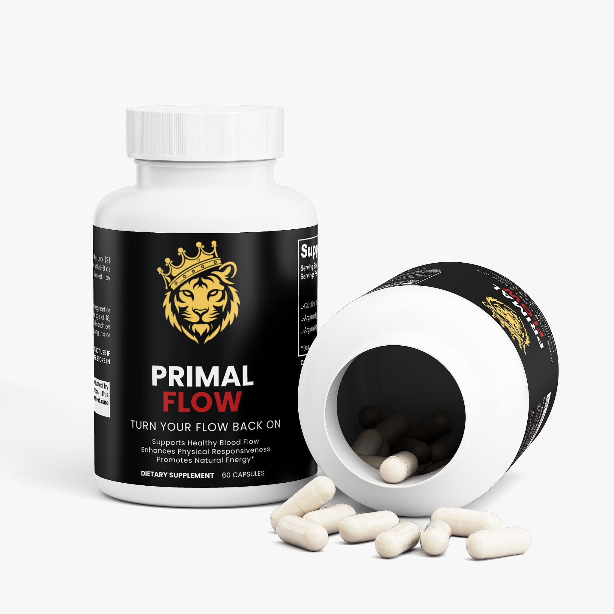 Primal Flow® post-workout recovery supplement bottle with white and black label, featuring capsules spilling out.