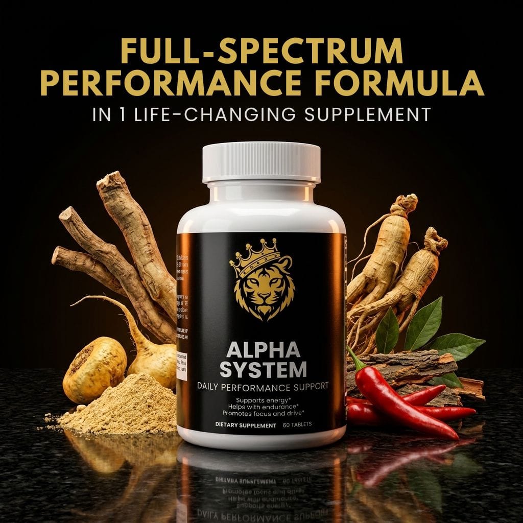 Alpha System supplement bottle with a black label, featuring a lion logo, surrounded by herbs and spices on a dark surface.