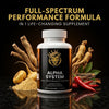 Alpha System supplement bottle with a black label, featuring a lion logo, surrounded by herbs and spices on a dark surface.
