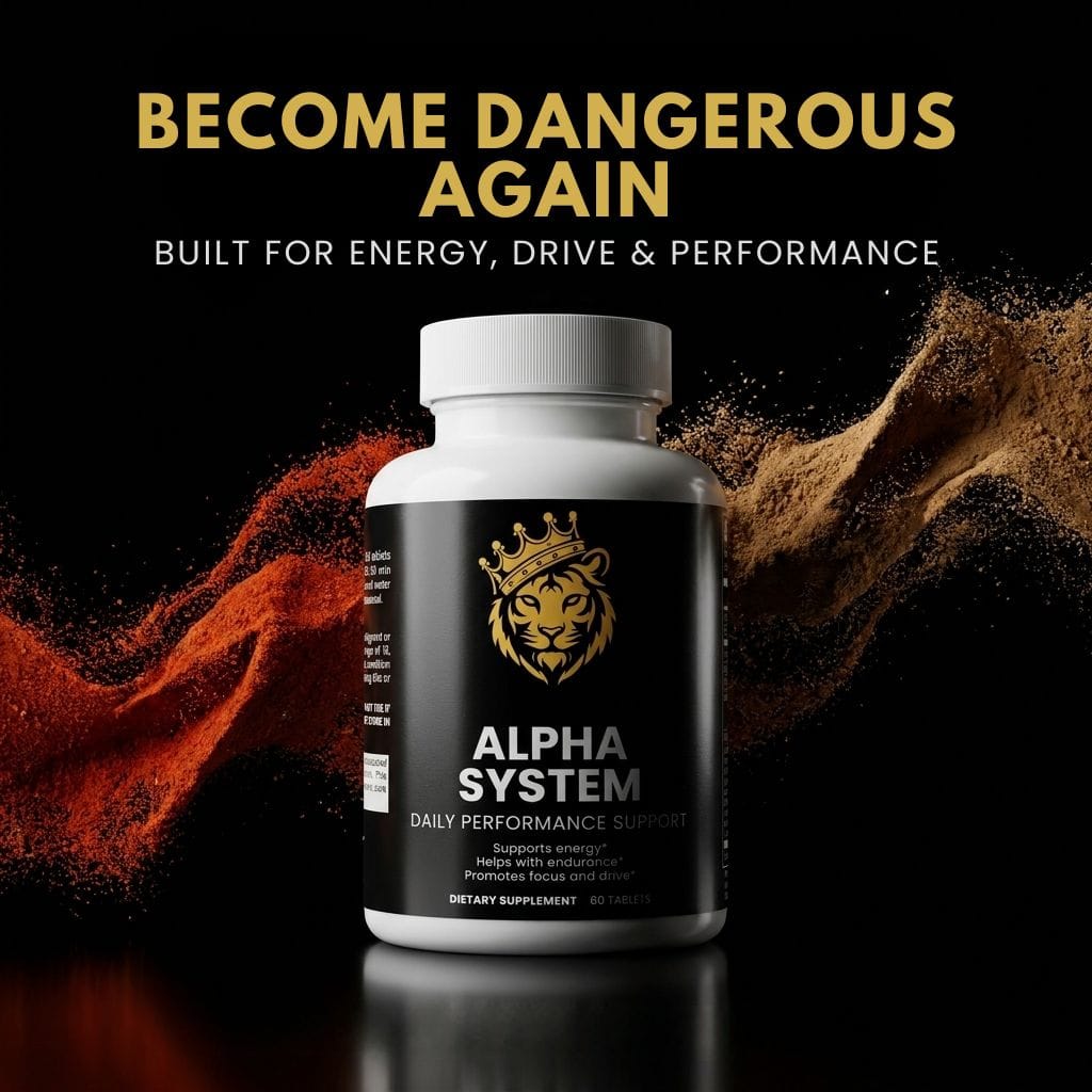 Alpha System dietary supplement bottle with a lion logo, featuring a black and gold design, set against a textured backgro...