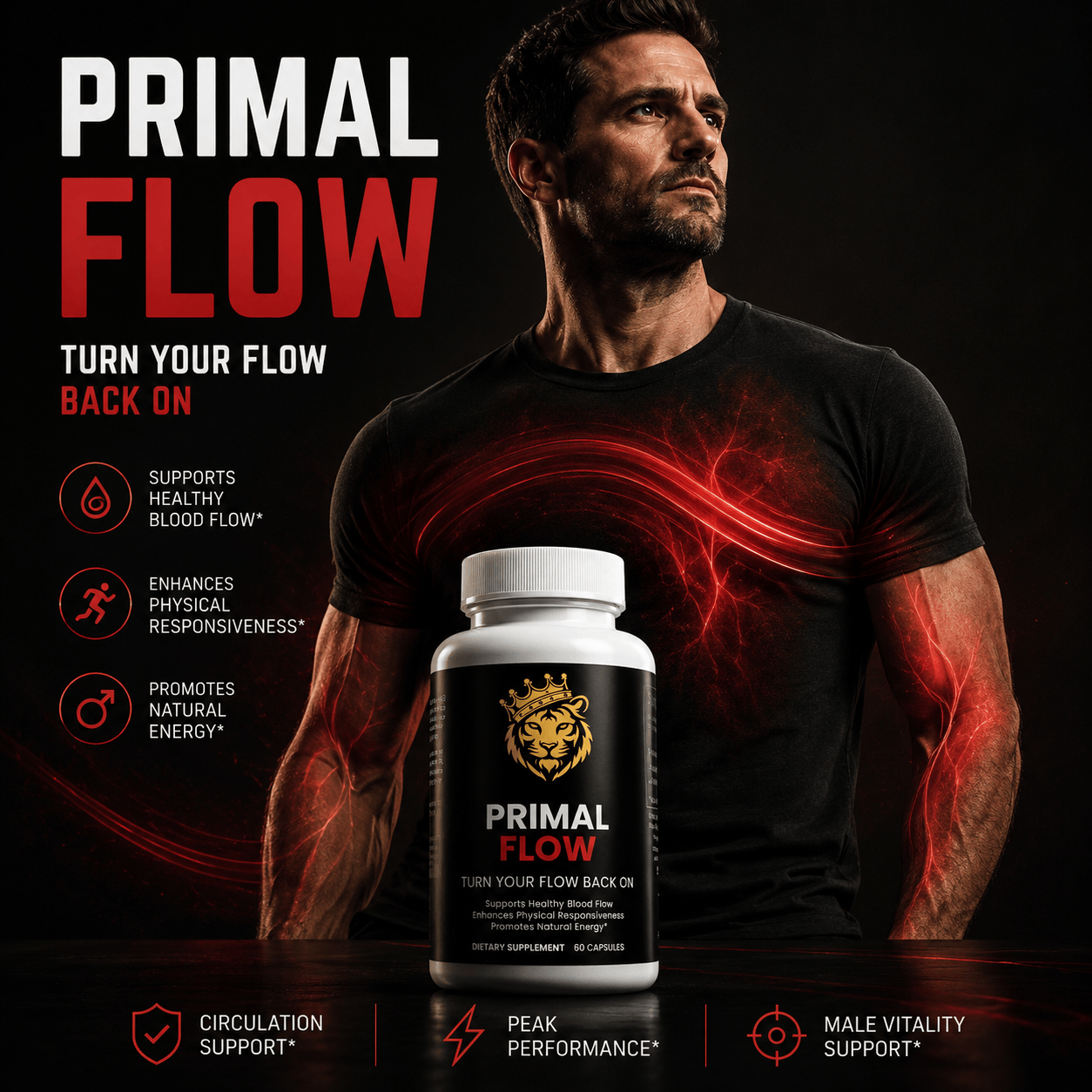 Primal Flow® male vitality supplement bottle with a male model, featuring red energy graphics in the background.