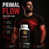Primal Flow® male vitality supplement bottle with a male model, featuring red energy graphics in the background.