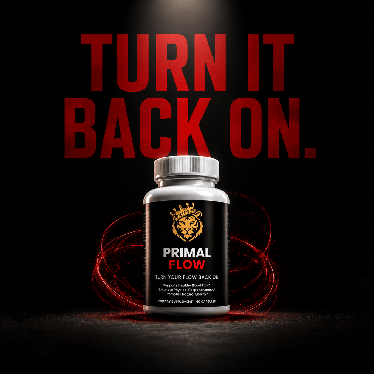 Primal Flow® male vitality supplement bottle with black label and gold lion logo, against a dark background.