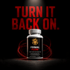 Primal Flow® male vitality supplement bottle with black label and gold lion logo, against a dark background.