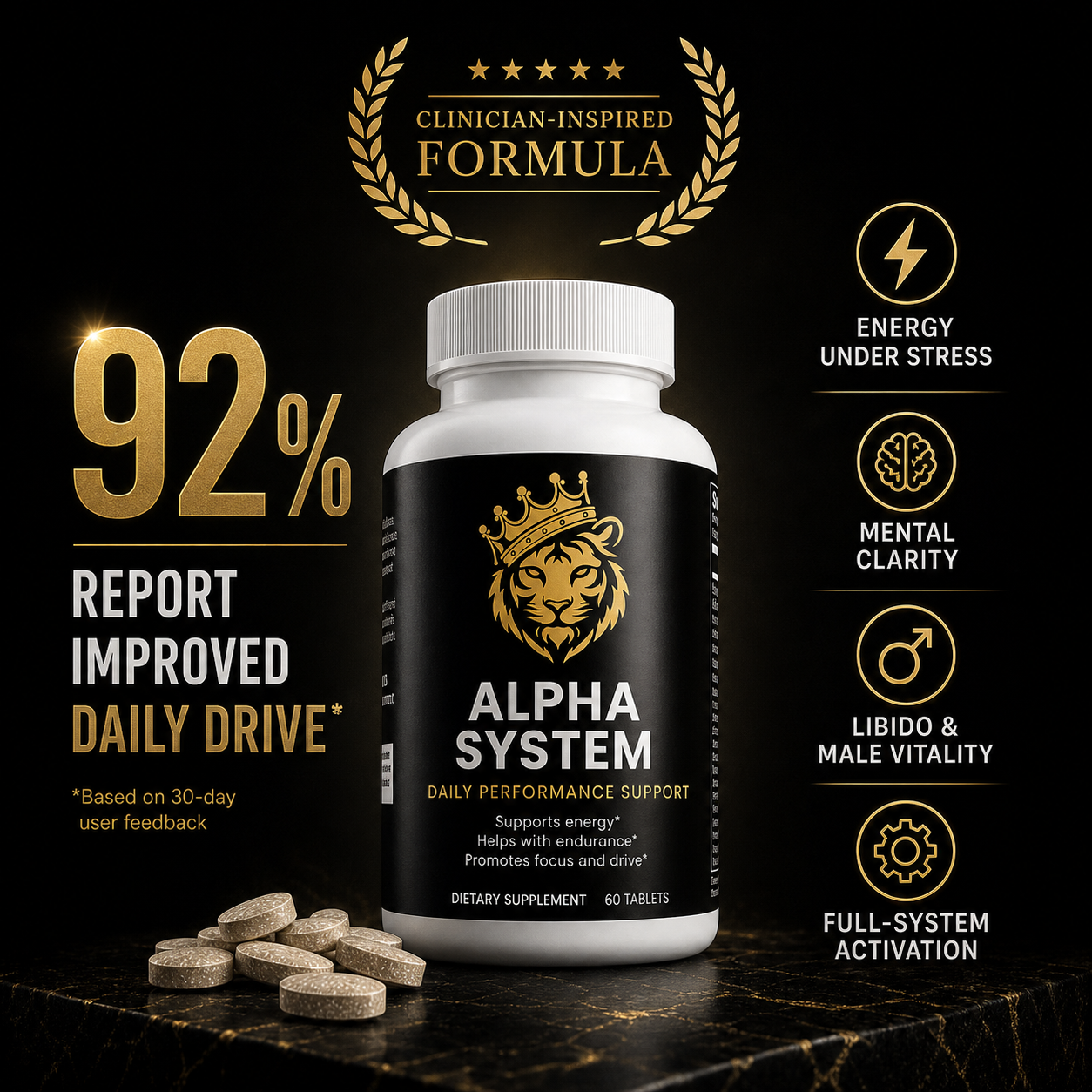 Alpha System dietary supplement bottle with a black label, gold accents, and tablets beside it on a dark background.