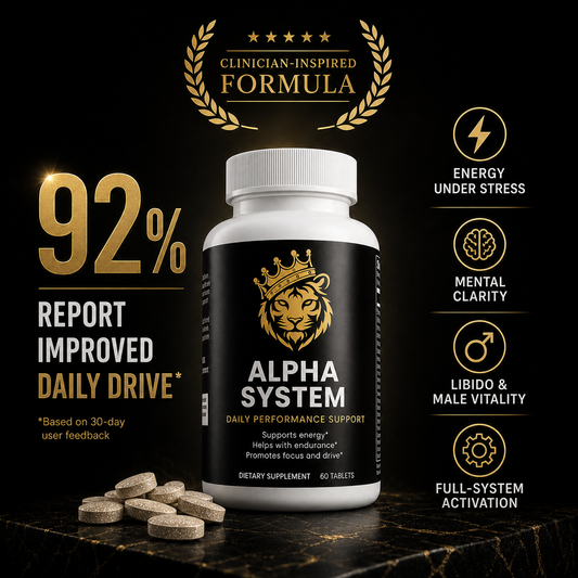 Alpha System dietary supplement bottle with a black label, gold accents, and tablets beside it on a dark background.