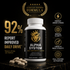 Alpha System dietary supplement bottle with a black label, gold accents, and tablets beside it on a dark background.