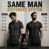 Alpha System supplement bottle in front of a man showing before and after effects, highlighting energy and focus improveme...