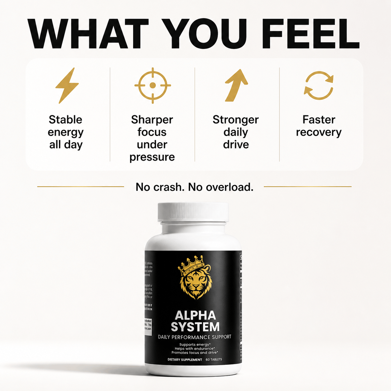 Alpha System supplement bottle with a black label and gold lion logo, featuring benefits like stable energy and sharper fo...