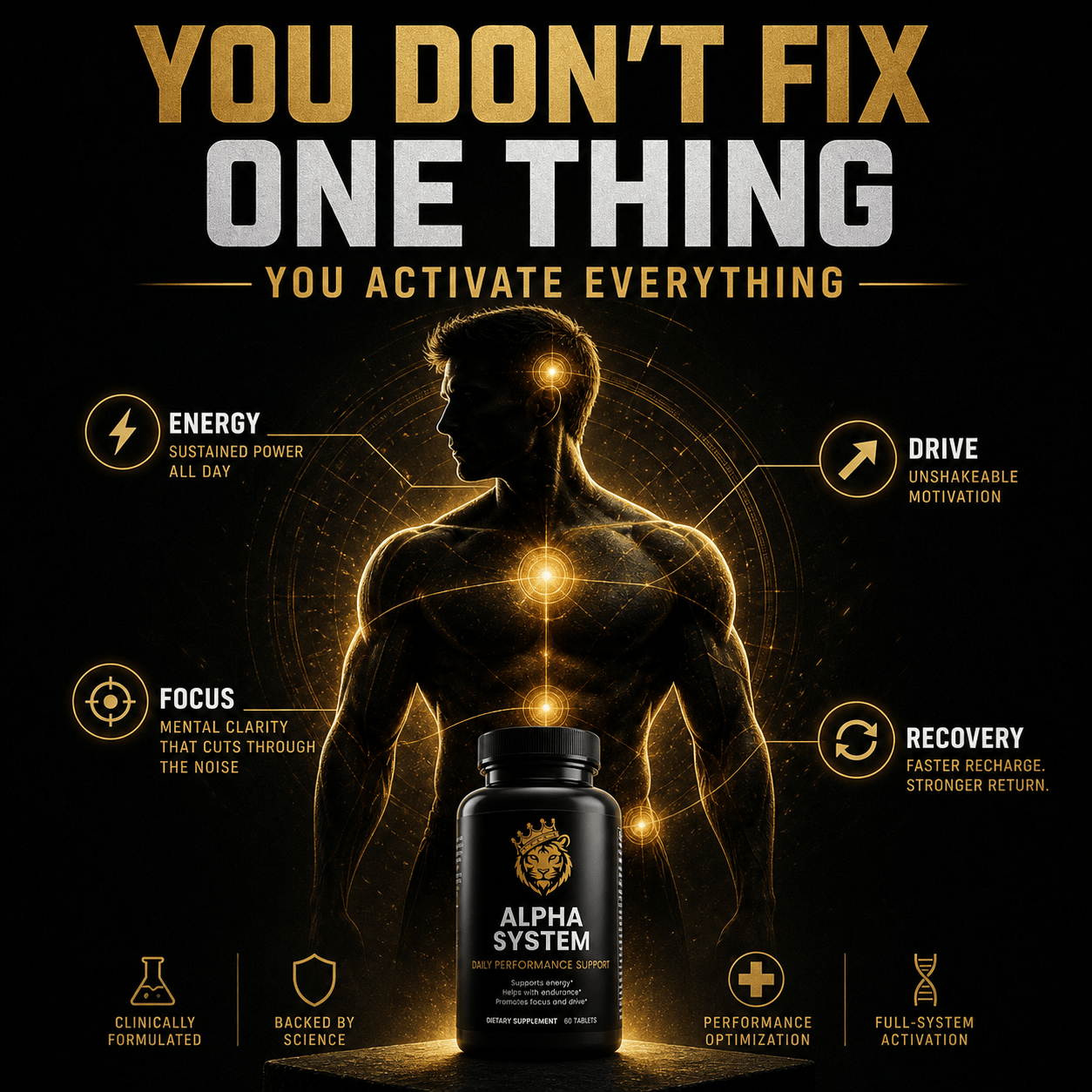 Alpha System® supplement bottle with gold and black design, featuring benefits like energy, focus, and recovery.