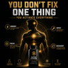 Alpha System® supplement bottle with gold and black design, featuring benefits like energy, focus, and recovery.