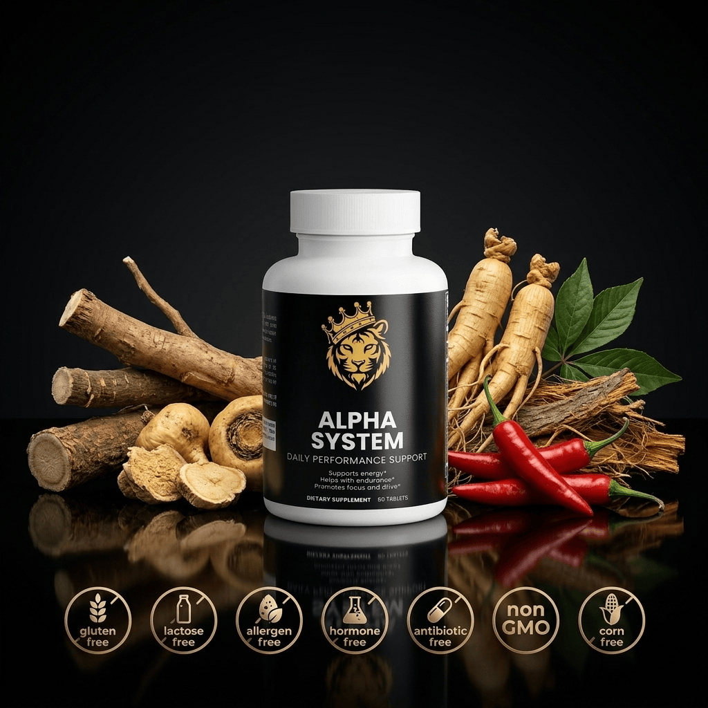 Alpha System dietary supplement bottle with herbal ingredients, featuring a black label and various health icons.
