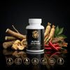 Alpha System dietary supplement bottle with herbal ingredients, featuring a black label and various health icons.